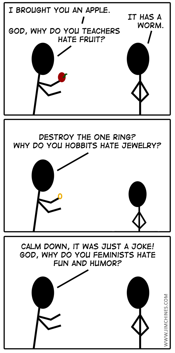 Stick figure comic about "humorless" feminists.