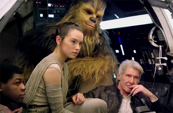 Finn, Rey, Chewie, and Han